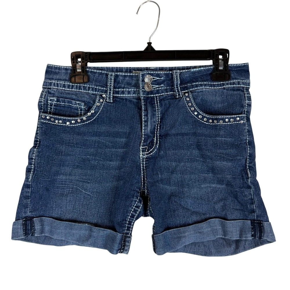 VGS Shorts Womens 6 Blue Denim‎ Cuffed Rhinestone 5 Pocket Stretch Hot Pants